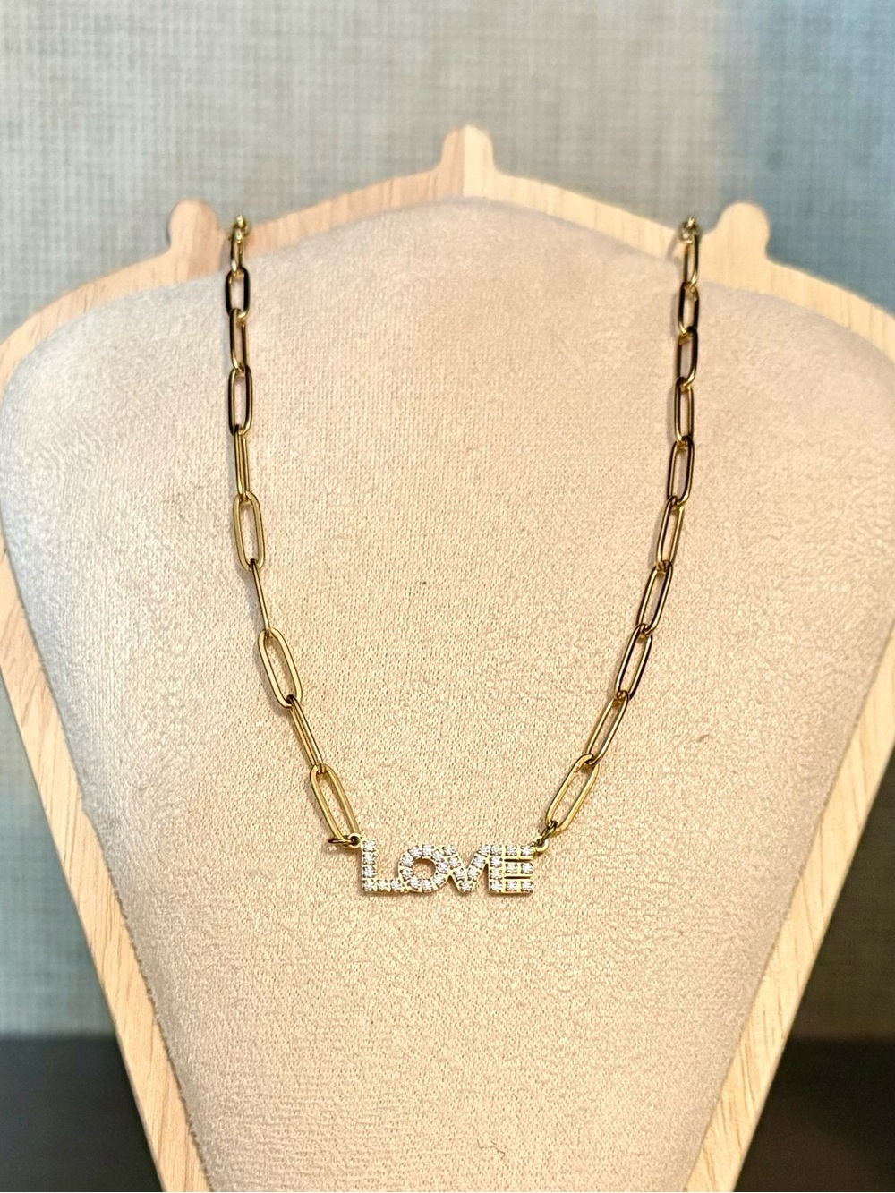 Gold Filled Pave Crystal LOVE Paperclip Necklace